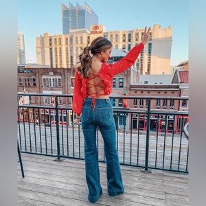 LOVERS + FRIENDS RED POLKA DOT LONG SLEEVE CROP TOP WITH LACE UP BACK size small